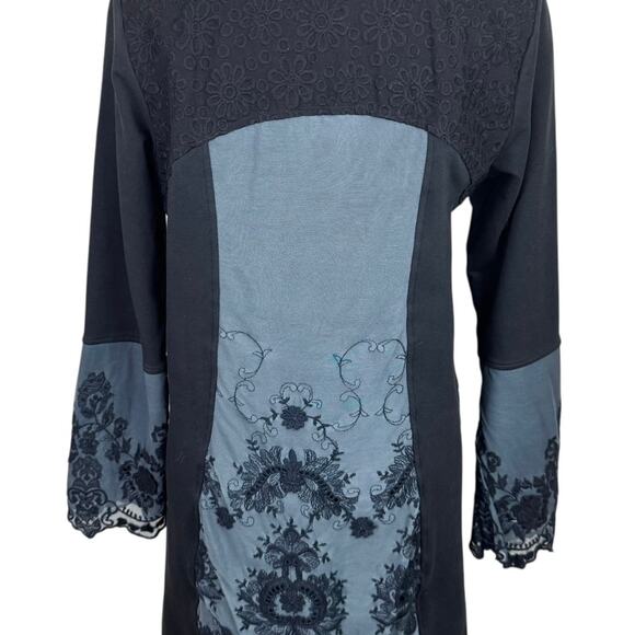 Gretty Zueger Black Ponte Knit Button Front Embroidered Lace Coatigan Jacket - Picture 6 of 11